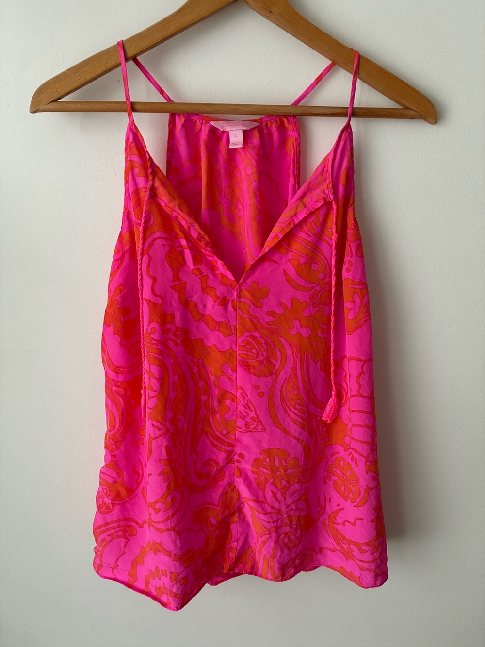 Lilly Pulitzer Top Womens Large Finn Silk  Pink Orange Floral Tassel